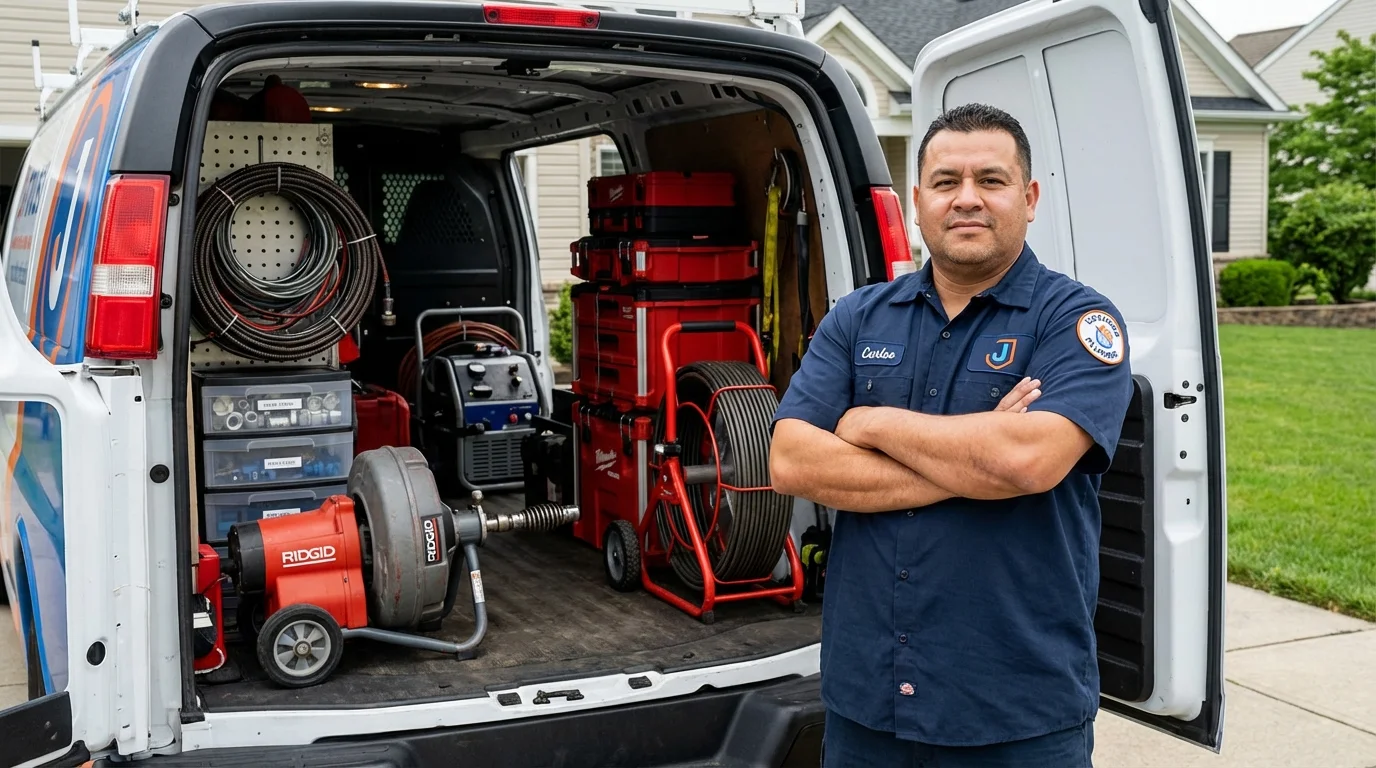 Professional drain cleaning equipment and Johns Plumbing LLC plumber in Maynard