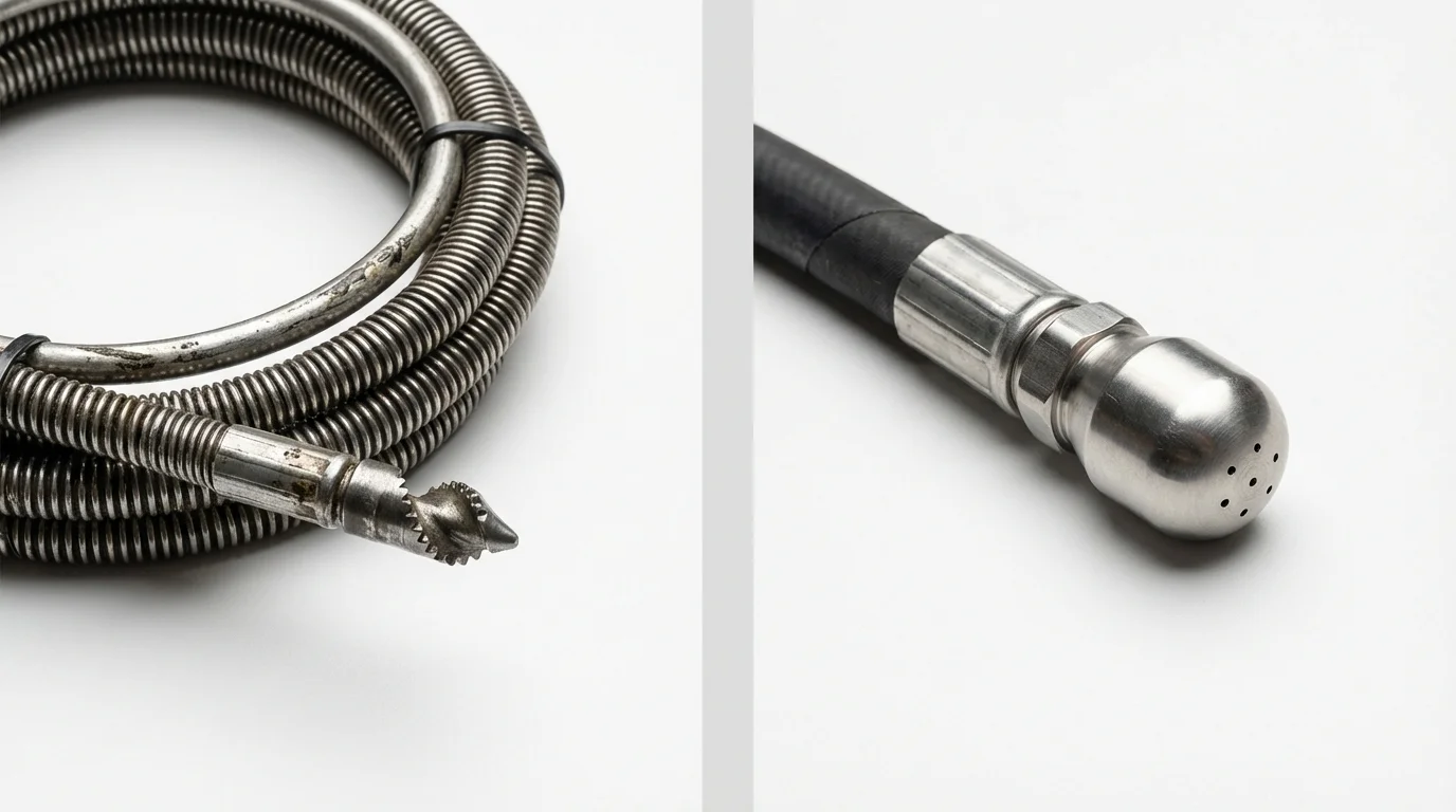 Drain snake cable and hydro jetting nozzle used for drain cleaning in Maynard, MA
