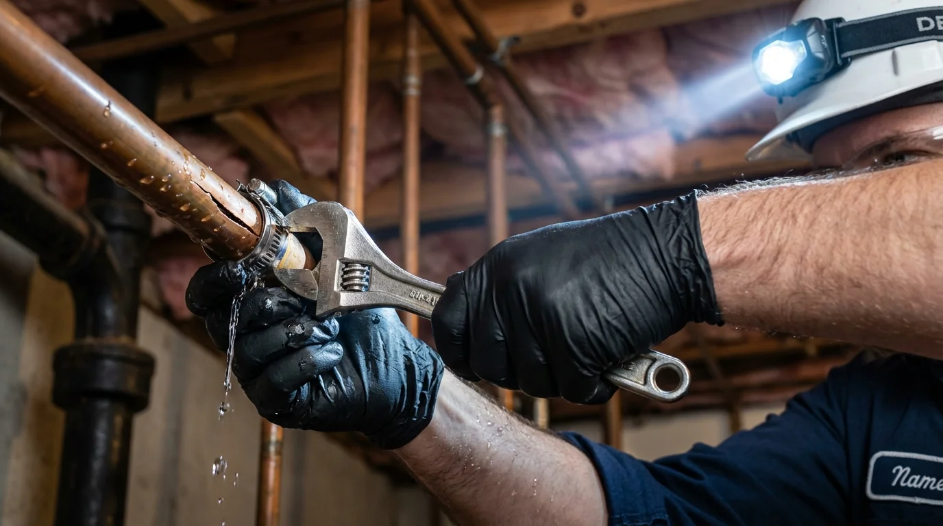 Emergency pipe clamp repair being performed by a Johns Plumbing LLC plumber in Maynard