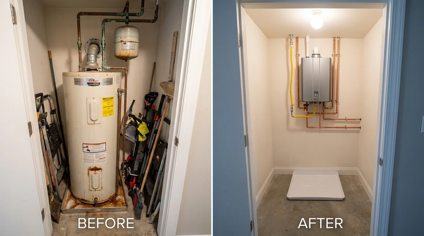 Tank water heater versus wall-mounted tankless unit comparison for Maynard, MA homeowners