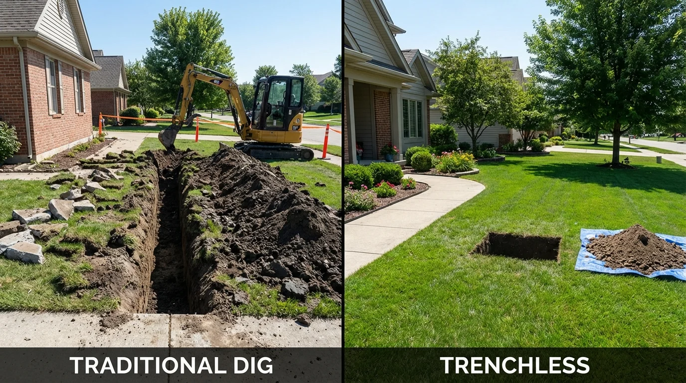 Trenchless sewer repair with minimal yard damage versus traditional excavation in Maynard, MA